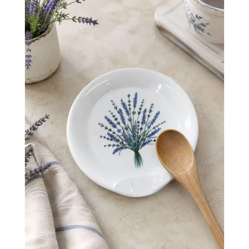 Lavender Bouquet Ceramic Spoon Rest White Floral Kitchen Decor